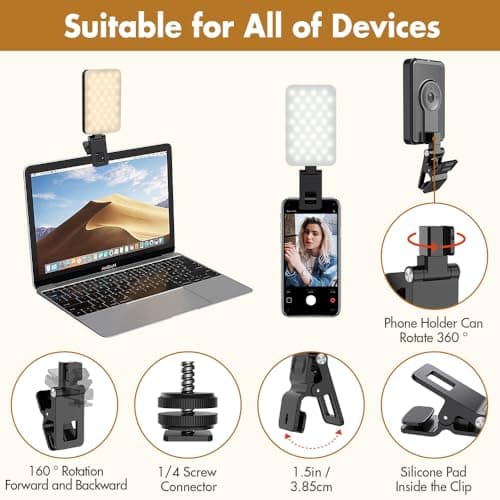 Selfie Light for iPhone,Portable Phone Clip on Light,Rechargeable LED Ring Light for Phone,Video Recording,Camera,Laptop,TikTok,Tablet,Vlog,Computer,5 Lighting Modes,80 LED High Power 2