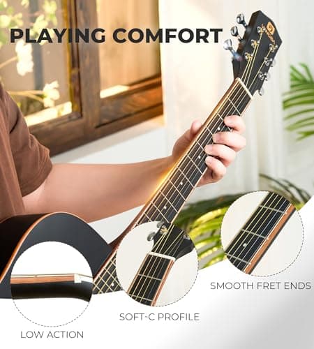 Vangoa 41" Acoustic Guitar Bundle for Adults Beginners Teens Dreadnought Full Size Cutaway Guitarra Acústica Kit with Wooden Bindings, Gig Bag, Tuner, Steel Strings, Capo, Strap, Black 4
