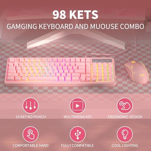 Pink Creamy Keyboard and Mouse Combo,MageGee GK980 Wired RGB Backlit Keyboard and Pink Gaming Mouse Combo,PC Keyboard and Adjustable Sensitivity Mouse for PC/loptop/MAC 2