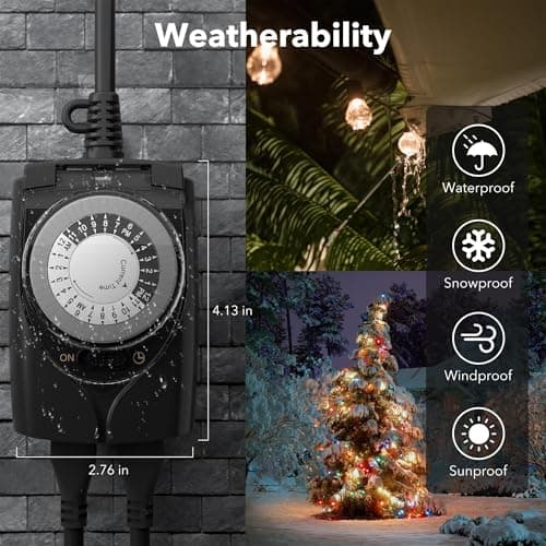 HBN Outdoor Timer Outlet Waterproof, 24 Hour Mechanical Light Timers for Electrical Outlets Outdoor Weatherproof, 2 Grounded Outlets for Christmas Lights, Holiday Decorations, 15A 1/2HP 5