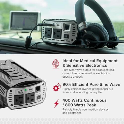 Cobra PURE SINE 400W Power Inverter, Portable – 400 Watt Car Charger, 2 Grounded AC Outlets, 2 Fast Charge USB Ports and Remote Controller (CPIALCDG1) Compatible 3