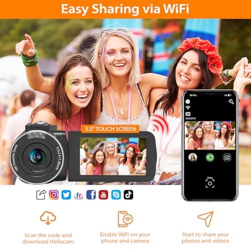 Video Camera Camcorder, 6K 64MP Vlogging Camera with IR Night Vision for YouTube, 18X Digital Zoom 3.0'' Touch Screen WiFi Camera with Microphone, 2.4G Remote Control, 2 Batteries & 32G SD Card 4