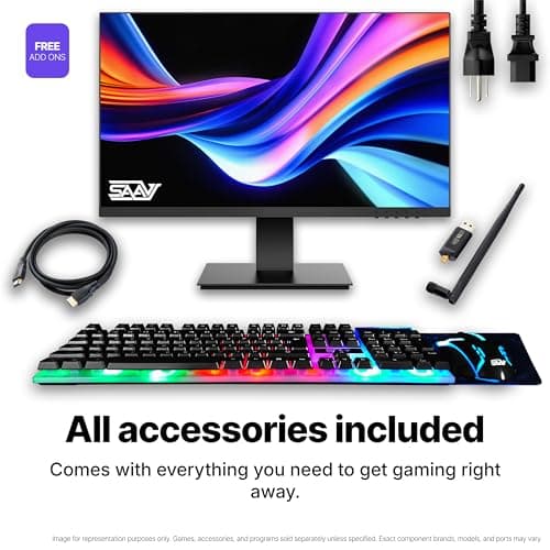 SAAV X12 2025 Gaming PC Tower Computer, AMD Ryzen 7 5800X 4.7GHz, Radeon RX 9060 XT 16GB GDDR6, 22 inch Monitor, 32GB DDR4, 1TB NVMe SSD, WIFI 6 Bluetooth Windows 11, RGB Prebuilt Desktop Bundle Black 5