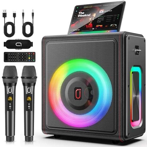 Karaoke Machine, Portable Bluetooth 5.3 Speaker with 2 Wireless Microphones for Adults, PA System with Pitch Correction & Echo Adjustment, Supports TWS/TF Card/USB/AUX/Live for Home Party