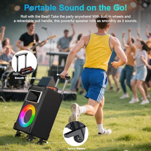 JYX Karaoke Machine with 2 Wireless Mics, 10" Woofer 500W Peak Power Big Portable Bluetooth Speaker with Bass/Treble Adjustment, PA System with Remote Control, LED Lights, Rolling Wheels and Trolley 4