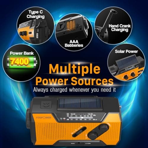 FosPower NOAA Emergency Weather Radio A1 7400mWh Portable Power Bank, AM/FM, USB/Solar/Hand Crank Charging, Battery Operated, SOS Alarm & Flashlight for Indoor/Outdoor Emergency - Orange 2