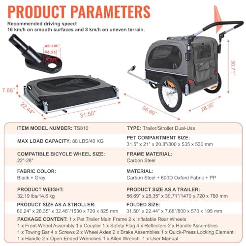 VEVOR Dog Bike Trailer, Supports up to 88 lbs, 2-in-1 Pet Stroller Cart Bicycle Carrier, Easy Folding Cart Frame with Quick Release Wheels, Universal Bicycle Coupler, Reflectors, Flag, Black/Gray 7