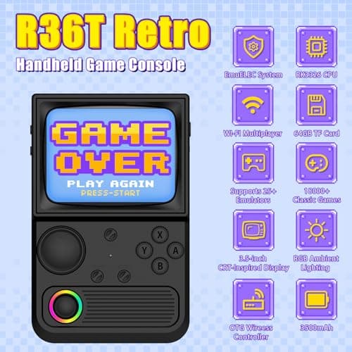 R36T Retro Gaming Console, 3.5'' IPS Screen CRT-Inspired, Handheld Game Console with 18000+ Classic Games Supports WiFi Networked Fighting and OTG, 3500mAh Battery, with Portable Case(Black 64GB) 2