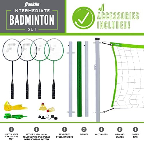 Franklin Sports Badminton Set - Portable Badminton Set - Adult and Kids Badminton Net - Perfect Backyard/Lawn Game - Includes 4 Badminton Racquets - Intermediate 4