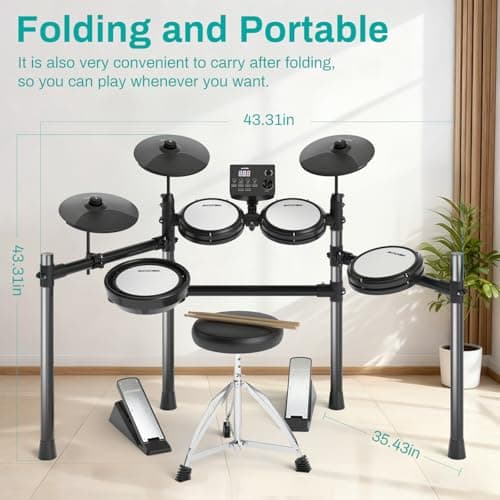 AODSK Electric Drum Set with Quiet Mesh Pads,Electronic Drum for Beginner,USB MIDI,Throne,Headphones,Sticks, Included 15 Kits and 195 Sounds (AED-403-Teenagers Beginners) 5