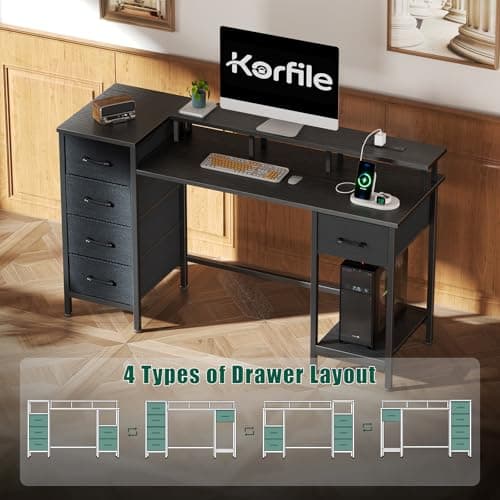 Korfile 47 Inch Computer Desk with 5 Fabric Storage Drawers,Gaming Desk with Power Outlets & LED Lights,Reversible Home Office Desk with Monitor Stand for Working Writing Study, Black 4