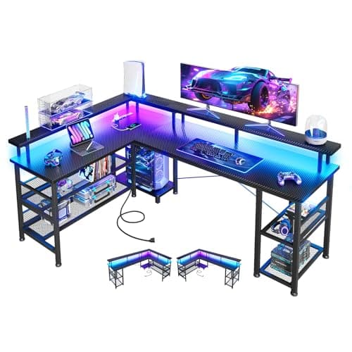 ODK 59" L Shaped Gaming Desk with Power Outlet and LED Lights, PC Gaming Table with USB Ports, Reversible L Shape Desk with Storage Shelves & Monitor Stand, Home Office Desk, Black Carbon Fiber