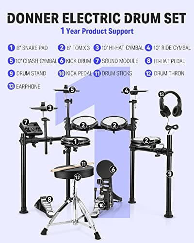Donner DED-200 Electric Drum Sets with Quiet Mesh Drum Pads, 2 Cymbals w/Choke, 31 Kits and 450+ Sounds, Throne, Headphones, Sticks, USB MIDI, Melodics Lessons (5 Pads, 3 Cymbals) 5