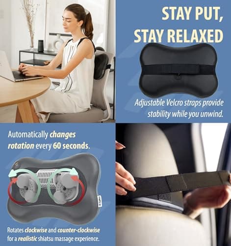 Zyllion Shiatsu Back and Neck Massager with Heat - 3D Electric Kneading Deep Tissue Massage Pillow for Muscle Pain Relief, Black, ZMA-13 5