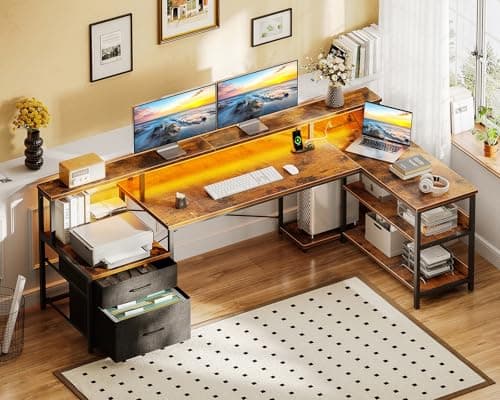 ODK 75" L Shaped Desk with File Drawers, L Shaped Office Desk with Power Outlet & LED Strip, Reversible Computer Desk with Storage Shelves, Gaming Desk with Monitor Shelf, Corner Table, Vintage 2