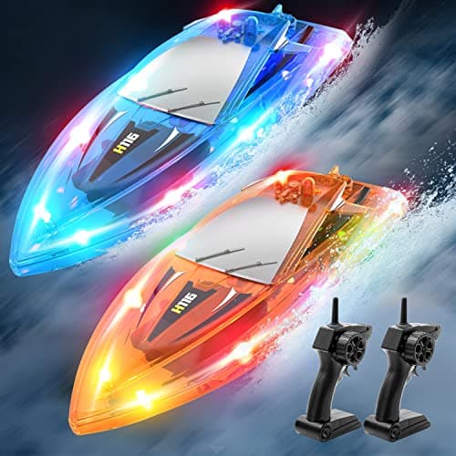 YEETFTC 2Pack LED Light RC Boat Remote Control Pool Water Toys for Kids Ages 8-12 Adults Lakes Bathtub Toy with Whole Body Waterproof,Low Battery Alarm,2.4Ghz,Control Range 50M,Rechargeable Battery