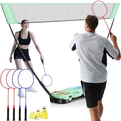 BAGAIL Portable Badminton Net Set, Pop-Up Net with Carry Case, Complete 4 Racket Set for Backyard, Park & Beach Games, Quick Setup Indoor Outdoor Sports Equipment for Backyard Fun