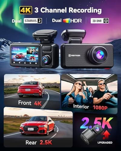 REDTIGER F17 Elite 4K Dash Cam 3 Channel, STARVIS 2 IMX678 & IMX675, Front and Rear Inside Car Camera for Cars, 128GB Card, Full Color Night Vision, 5.8GHz WiFi GPS, HDR, Touchscreen 2