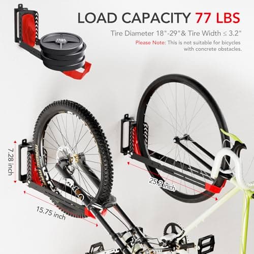 Swivel Bike Rack Wall Mount, Bike Hangers for Garage, Space-Saving Vertical Bike Holder, Holds up to 77 lbs, Bicycle Wall Hanger Storage, No Heavy Lifting Required Indoor Hanging Bike Rack-Red 2
