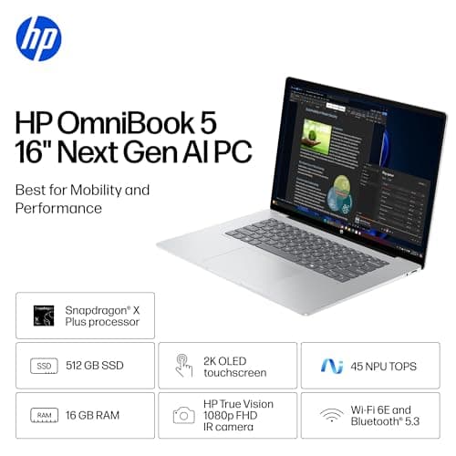 HP OmniBook 5 16 inch Next Gen AI PC, 2K Touchscreen, Snapdragon X Plus X1P-42-100, 16 GB RAM, 512 GB SSD, Qualcomm Adreno GPU, Windows 11 Home, Copilot+ PC, Glacier Silver, 16-fb0000nr 2