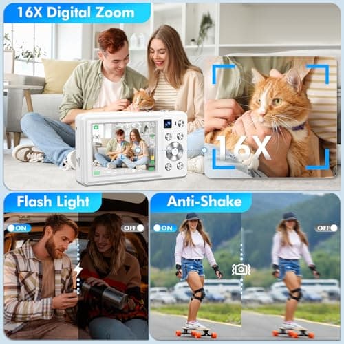 4K Digital Camera, 64MP Autofocus Vlogging Camera with Dual Lens, 16X Digital Zoom YouTube Compact Travel Point Shoot Camera for Teens Beginner, Anti-Shake,2 Batteries, 32GB Card (White) 3