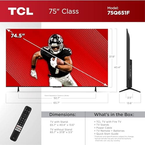 TCL 75-Inch Class Q65 QLED 4K Smart TV with Fire TV (75Q651F, 2024 Model), Dolby Vision, HDR PRO+, Dolby Atmos, Alexa Built-in with Voice Remote, Apple AirPlay 2 Compatibility, Streaming Television 2