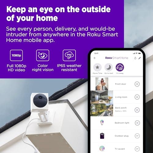 Roku Outdoor Camera for Home Security - IP65 Weather Resistance Wireless Security Camera with 1080p HD Night Vision, Works with Alexa & Google, Motion Detection - 90-Day Subscription Included, White 2