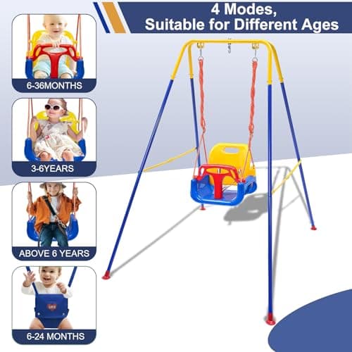 Toddler Swing Set, 3-in-1 Baby Swing Outdoor/Indoor, Toddler Swing&Jumper with Foldable Metal Stand, Baby Swing Outdoor for Aged 6 Months to 10 Years Old 4