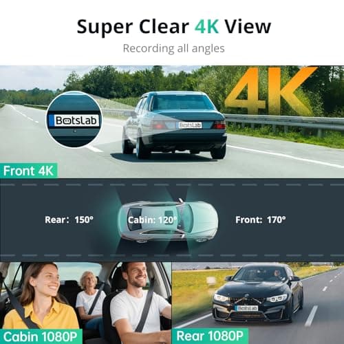 BOTSLAB 3 Channel Dash Cam 4K with 128GB Card, 3.18" Touch Screen, Voice Control, 4K Dash Cam Front and Rear Inside Loop Recording, 5.8GHz WiFi, GPS, Night Vision, WDR, Parking Mode 2