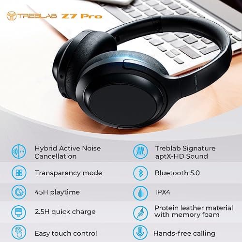 TREBLAB Z7 Pro - Hybrid Active Noise Cancelling Headphones, Signature aptX-HD Audio, Memory Foam Ear Cups, Foldable, 45H Play, Bluetooth 5, Fast Charging, Workout Over Ear Headphones Wireless With Mic 5
