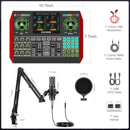 Podcast Equipment Bundle with 3.5mm Condenser Microphone for Pc/Phone Live Streaming Singing Gaming, Podcast Microphone Bundle with Live Sound Board Audio Mixer Denoise,DJ Sets 2