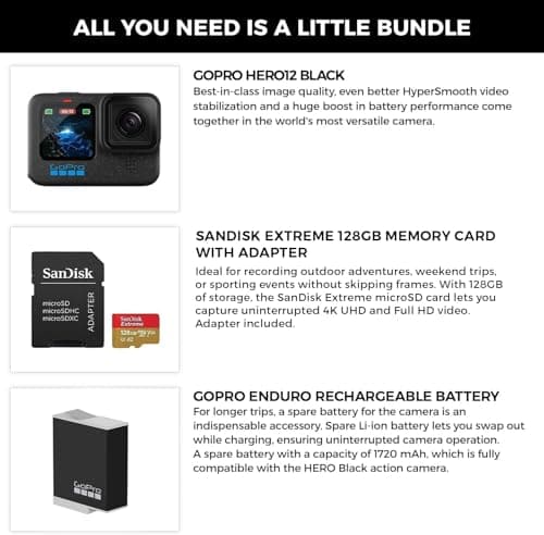 GoPro HERO12 Black 4K Camera with Hypersmooth Stabilization, Waterproof Ultra-Rugged Design w/Extra Enduro Rechargeable Li-Ion Battery & SanDisk 128GB Extreme Memory Card w/Adapter Bundle Set 2