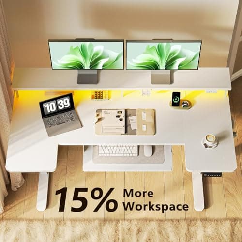 OffiGo U Shaped Electric Standing Desk with Keyboard Tray, 55 Inch Height Adjustable Desk with Power Outlets & LED Lights, Sit Stand Table with Monitor Stand for Home, Office, White 5