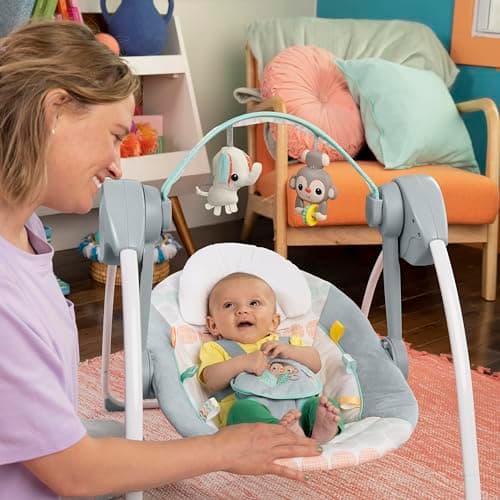 Bright Starts Portable Automatic 6-Speed Baby Swing with Adaptable Speed, Taggies, Music, Removable-Toy-Bar, 0-9 Months 6-20 lbs (Whimsical Wild) 2