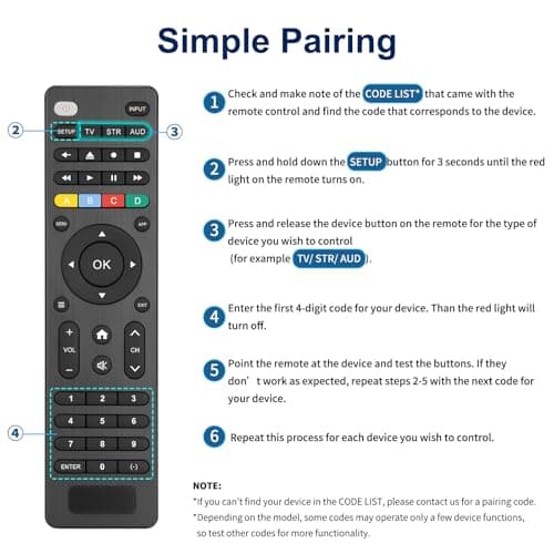 Universal Remote Control TV for Samsung/LG/Sony/Onn/RCA/Vizio/Hisense/Sony/Philips and More, for DVD Blu-ray Soundbar Media Player Set-Top Box, VCR, Simple Setup, 3-Device 4