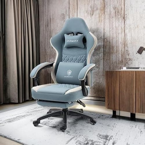 Dowinx Gaming Chair Breathable Fabric Game Chair with Gel Pad and Storage Bag, Comfortable Gamer Chair with Pocket Spring Cushion, Ergonomic Computer Chair with Footrest, Blue 2