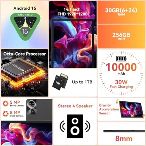 URAO Tablet｜14 inch Android 15 Tablet｜30GB RAM 256GB ROM｜1920 * 1200 IPS FHD｜10000mAh 30W Fast Charging｜Octa-core Processor｜Wi-Fi 6, BT 5.4｜Dual Camera with Keyboard｜Mouse｜Stylus｜Case｜Headphone 2