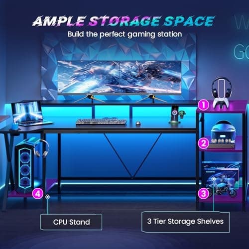 SEDETA Gaming Desk 70.8'' with LED Lights and Storage Shelves, Computer Desk with Monitor Stand, Power Outlets and Cup Holder, Large PC Gamer Desk, Gaming Table for Bedroom, Living Room, Black 4