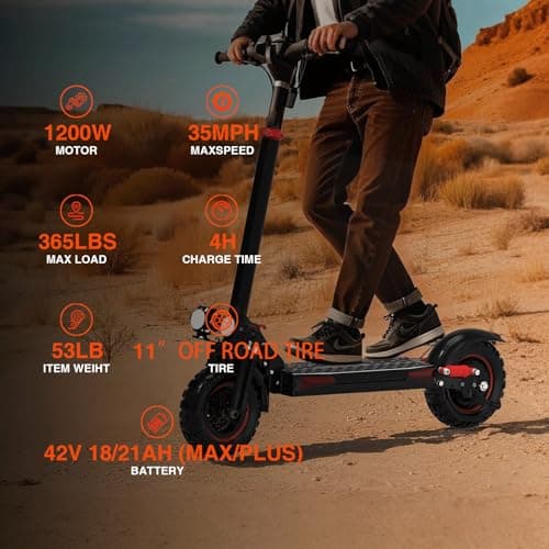 Electric Scooter Adults, 1200-1600W Motor, Up to 31/34 MPH Top Speed & 37 Miles Long Range, 48V 18/21AH Big Battery, 11" Off-Road Tire Folding E Scooter with Seat, Double Suspension & Braking Systems 2