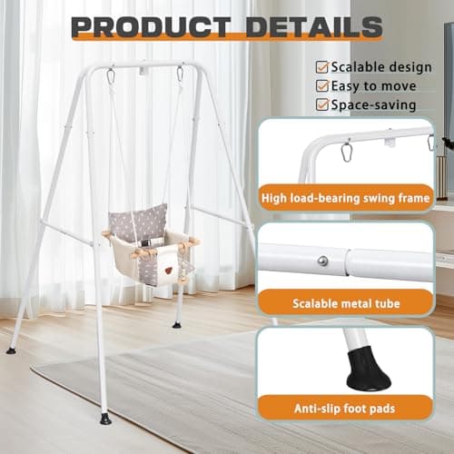 Baby Swing with Stand, Swing Set for Infant, Outdoor Indoor Swing Set with Canvas Cushion Seat (White) 3