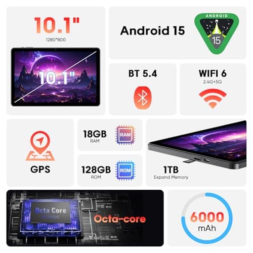 Raemond Android 15 Tablet 10 Inch with Keyboard Mouse, Octa-core CPU,RAM 18GB, ROM 128GB (Up to 1 TB), 800x1280 Widevine L1, WiFi 6 & Bluetooth 5.4, Dual Speakers, 5MP+8MP, 6000mAh, GPS 2