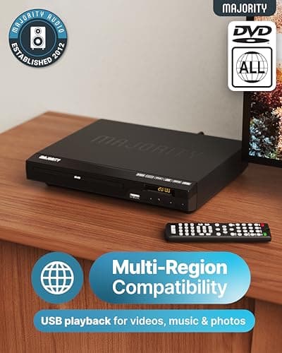 2025 Model HDMI DVD Player for TV | 1080P Region Free DVD-Players for Smart TV | Mini DVD Player with USB, CD & MP3 | HDMI Cable, RCA Cable & Remoted Control | MAJORITY DVD 2