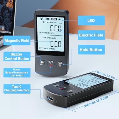 COLOR TREE EMF Meter Rechargeable Electromagnetic Field Upgrated 3-in-1 Radiation Detector Handheld Digital LCD Temperature Measure - Tester for Home Inspections - Outdoor and Ghost Hunting 5