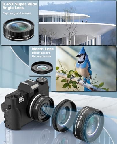FLATIC Cameras for Photography, 6K 64MP Digital Camera with WiFi & Microphone for Youtuber, 16X Zoom Vlogging Camera with 180°Flip Screen, 64GB Card, 2 Batteries, Macro & Wide-Angle Lens, Card Reader 2