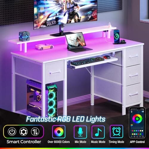 Seventable White Computer Desk with Drawers, Gaming Desk with Keyboard Tray, Office Desk with LED Lights & Power Outlets, 47 inch Writing Desk with Monitor Stand for Small Space 4