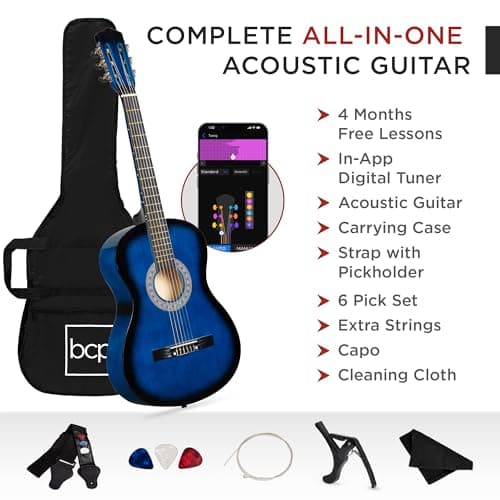 Best Choice Products 38in Beginner All Wood Acoustic Guitar Starter Kit w/Gig Bag, 6 Picks, Nylon Strings, Strap w/Pick Holder - Blue 2