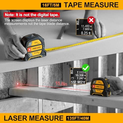 PREXISO 2-in-1 Laser Tape Measure, 135Ft Rechargeable Measurement Tool & 16Ft Measuring Movable Magnetic Hook - Pythagorean, Area, Volume, Ft/Ft+in/in/M Unit NOT Digital 2