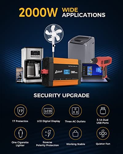 Ampeak 2000W Power Inverter 6.2A Dual USB Ports 3AC Outlets Stable Voltage Output Inverter DC 12V to AC 120V 17 Protections for Truck, Hurricane, Rv 4