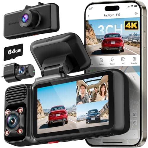 REDTIGER F17 4K 3 Channel Dash Cam, 5GHz WiFi Built-in GPS with 64GB Card, 2160P+1080P+1080P Front and Rear Inside, Triple Car Camera with 3 Inch Screen, IR Night Vision, G Sensor, WDR, Parking Mode