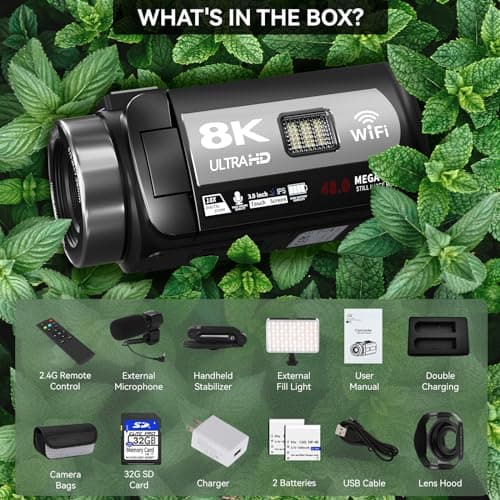Video Camera, 8K Camcorder 48MP 15FPS UHD WiFi Vlogging Camera with IR Night Vision for YouTube, 3" Touch Screen 18X Digital Zoom, with Fill Light, Mic, Stabilizer, Lens Hood, Remote and 2 Batteries 5